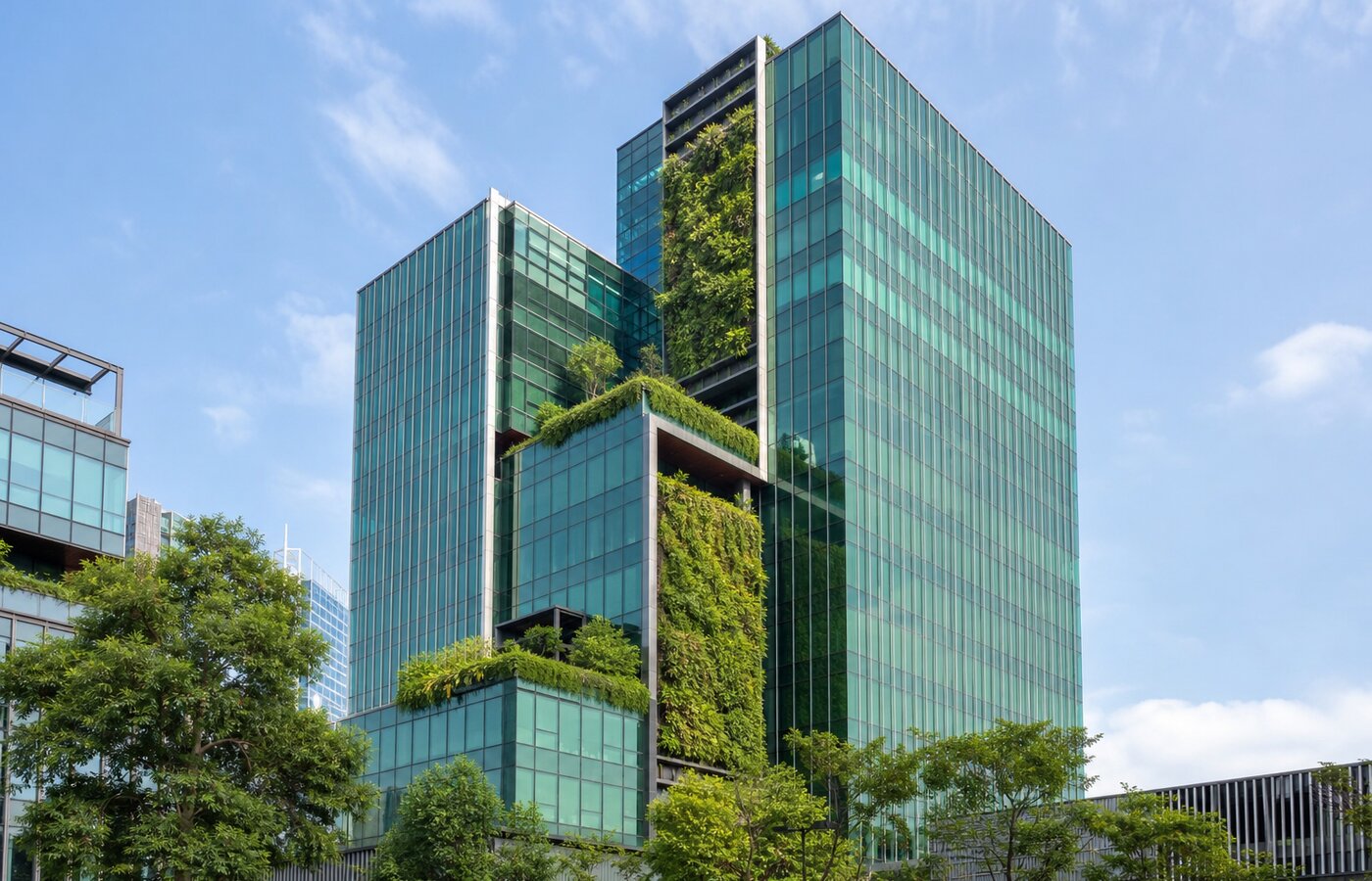 Torre corporativa con muro vegetal y fachada de cristal verde