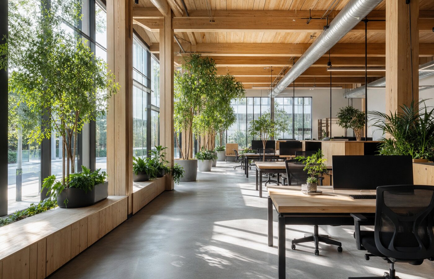 Interior de oficina sostenible con luz natural abundante, plantas y madera expuesta