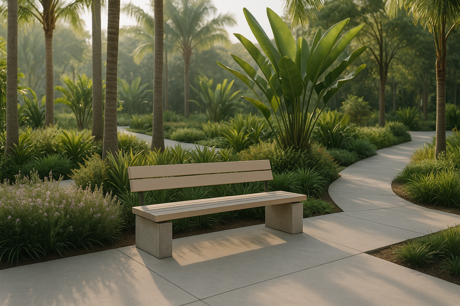 Detalle de diseño paisajístico urbano con bancas de concreto, senderos y vegetación tropical nativa