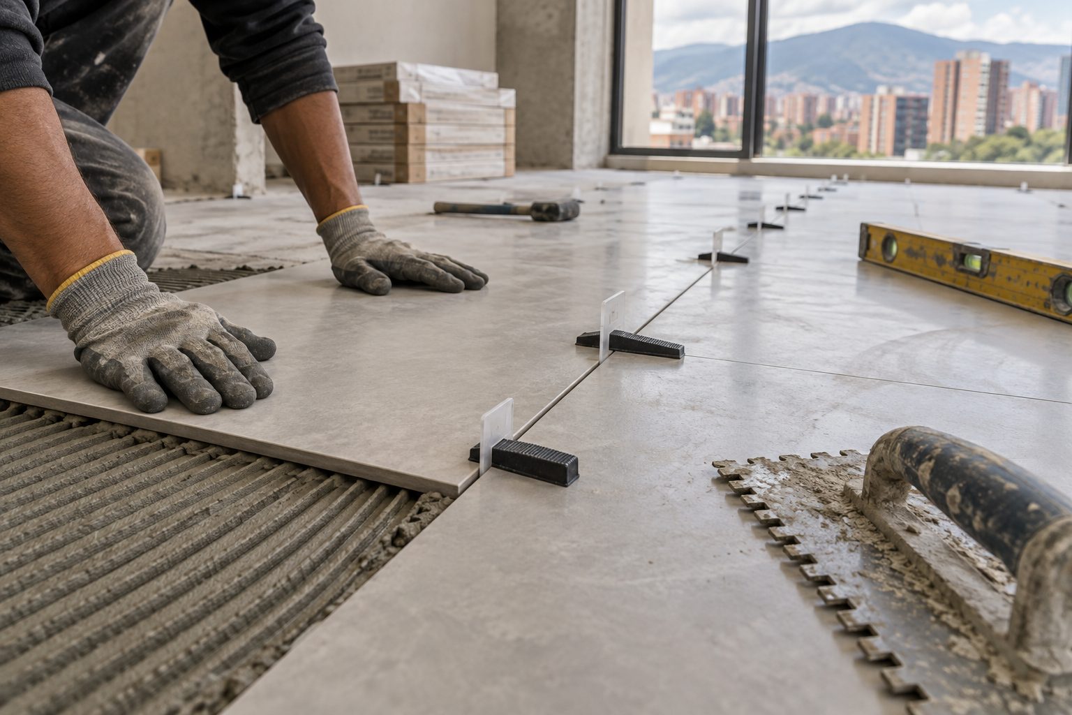Manos con guantes asentando una baldosa de porcelanato gris de gran formato sobre pegante peinado, con niveladores plásticos en las juntas, llana dentada y nivel sobre el piso