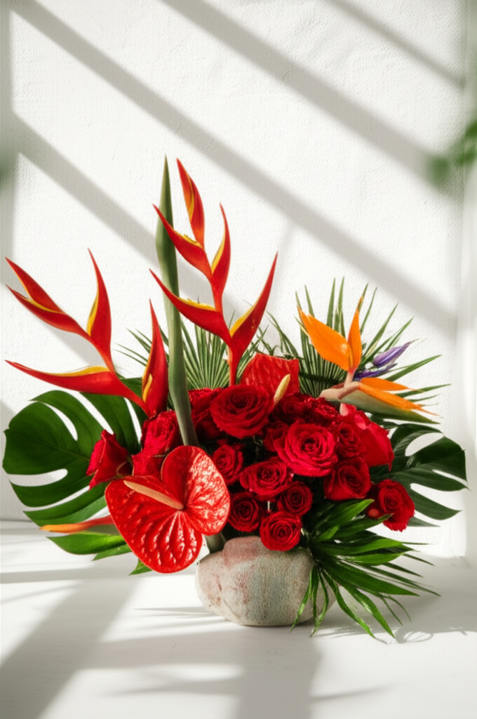 Arreglo floral tropical con anturios, ave del paraíso y rosas en cuenco de cerámica artesanal